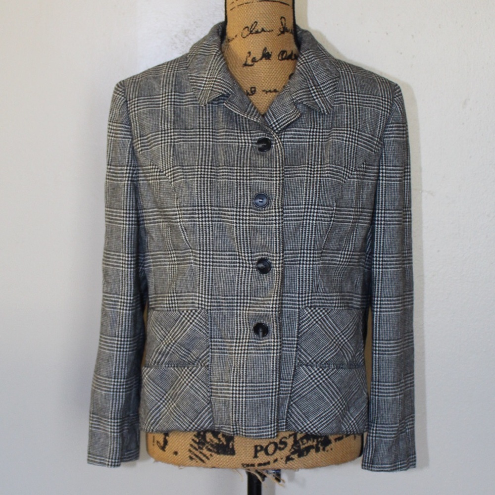 Vintage Roos Atkins Black White Plaid Yellow Lined Button Up Blazer Women’s S/M